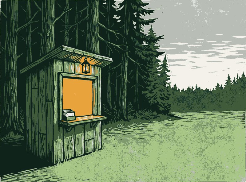 A woodcut print: a small wooden ticket booth with a lit window and a lantern at the edge of a pine forest, a stack of blank envelopes on its counter