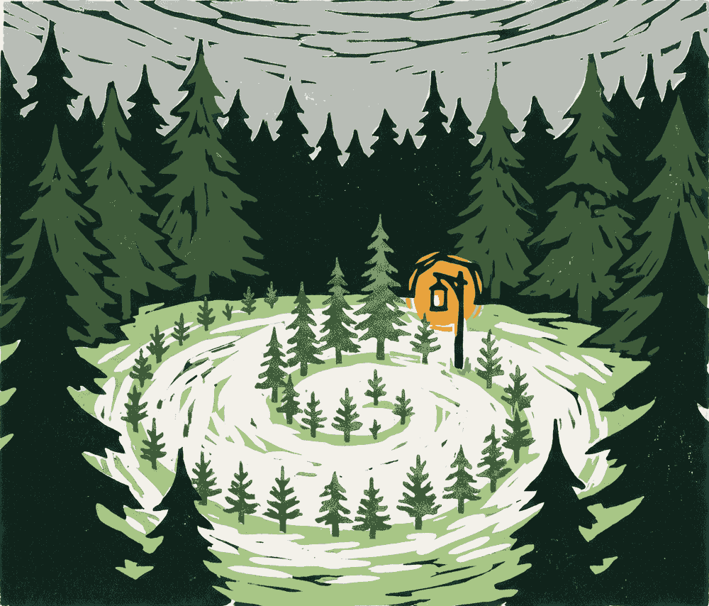 A woodcut print: a round clearing in a pine forest at first light, young saplings planted in a spiral, a lantern on a post