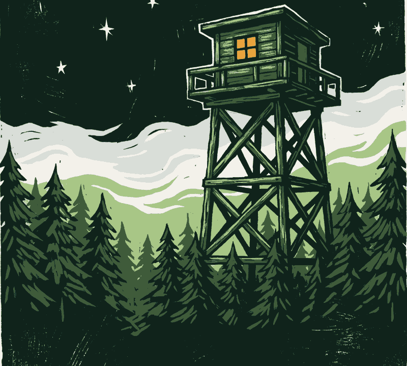 A woodcut print: a wooden fire lookout tower above a sea of pine treetops at night, one window lit amber