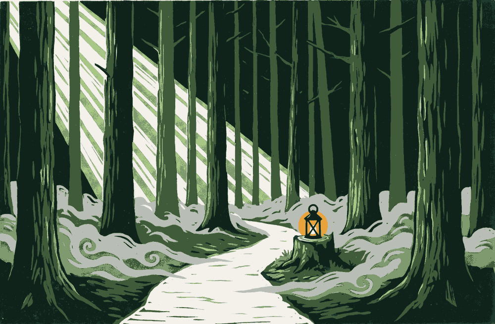 A woodcut print of tall pine trunks: the wall between the two doors